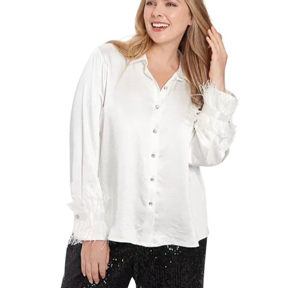 Muse NWT White Rhinestone Button Satiny Ostrich Feather Cuff Blouse Size 12